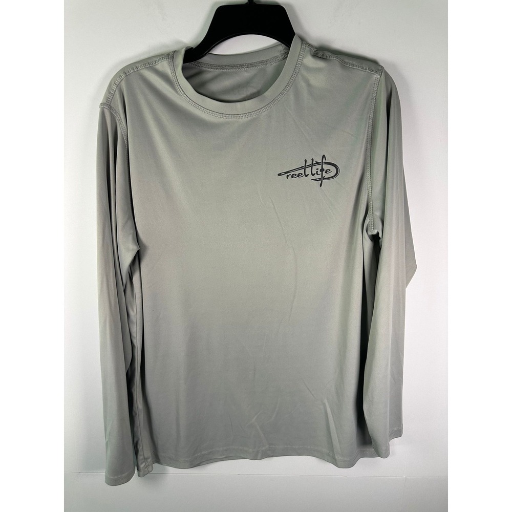 Reel Life Shirt Mens M Long Sleeve Performance Fishing UPF Tee Gray Logo Back